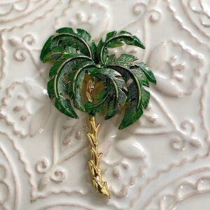 Palm Tree Green Gold Textured Brooch Florida Ocean Caribbean Beach Vaca Cruise